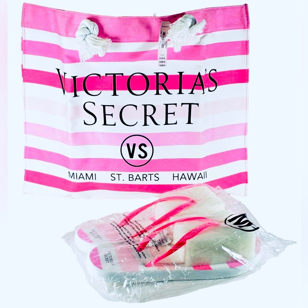 Victoria Secret Striped Beach Bag Canvas Tote & Flip Flops Sandals M 2Pc Set NWT